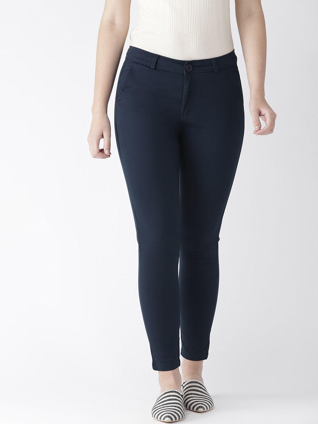 xpose women navy blue comfort tapered fit trousers