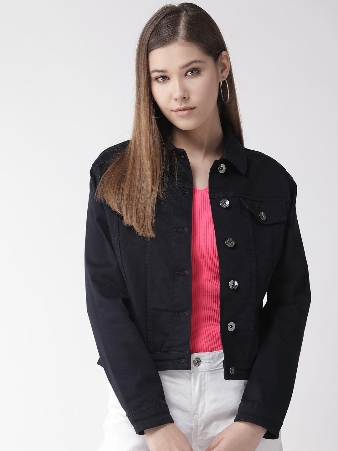 xpose women navy blue solid denim jacket