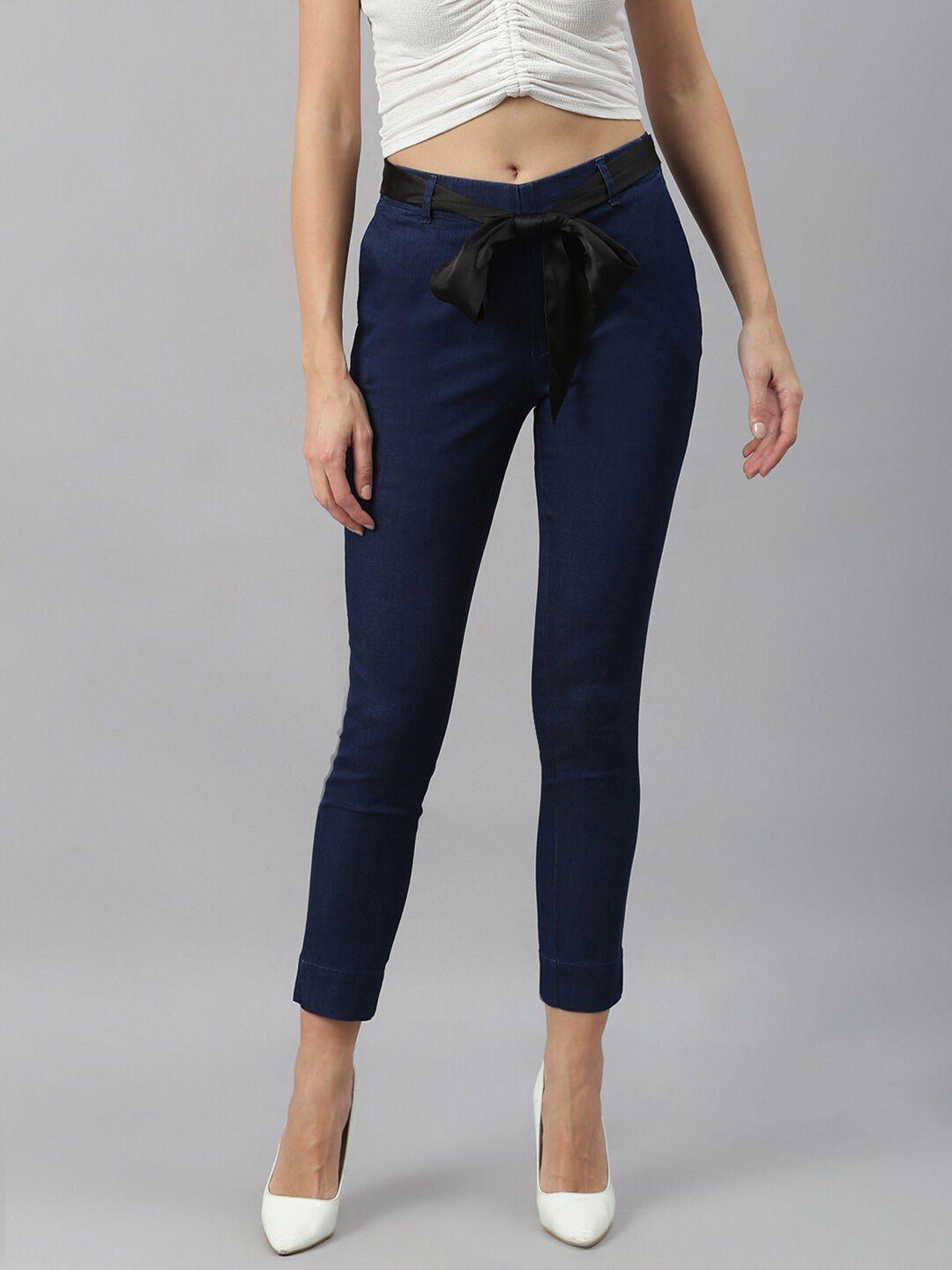 xpose women navy blue solid slim fit denim jeggings with satin belt