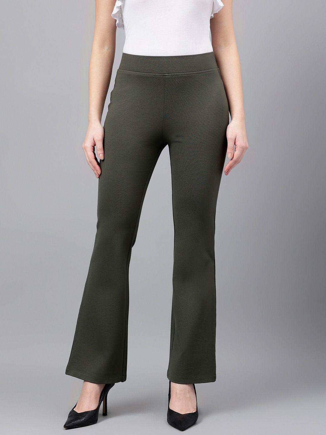 xpose women olive green comfort flared high-rise trousers