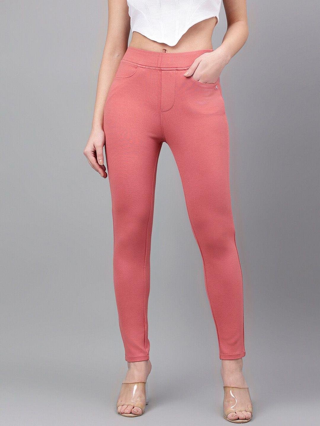 xpose women peach-coloured comfort slim fit high-rise trousers