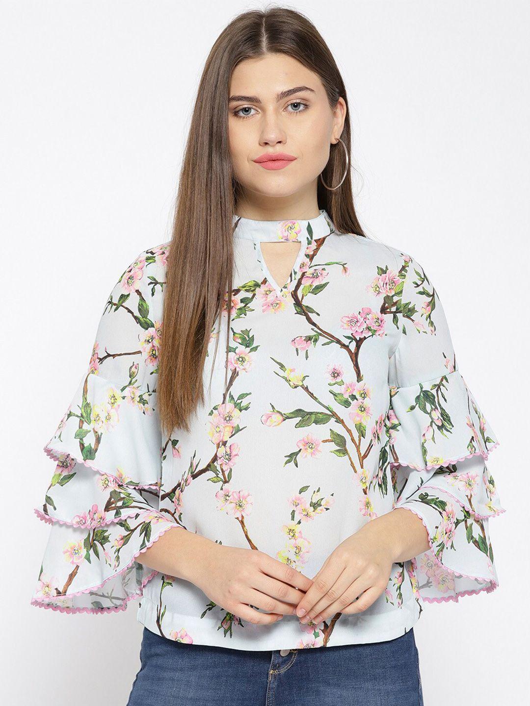 xpose blue & pink floral printed choker neck top