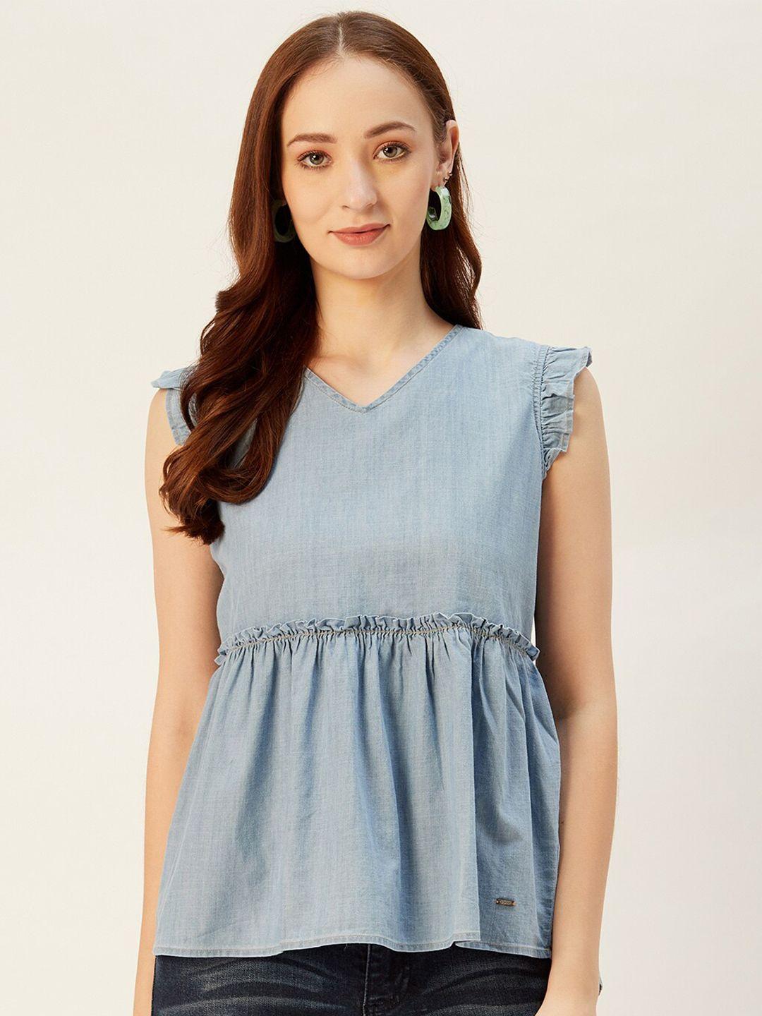 xpose blue denim cinched waist cotton top