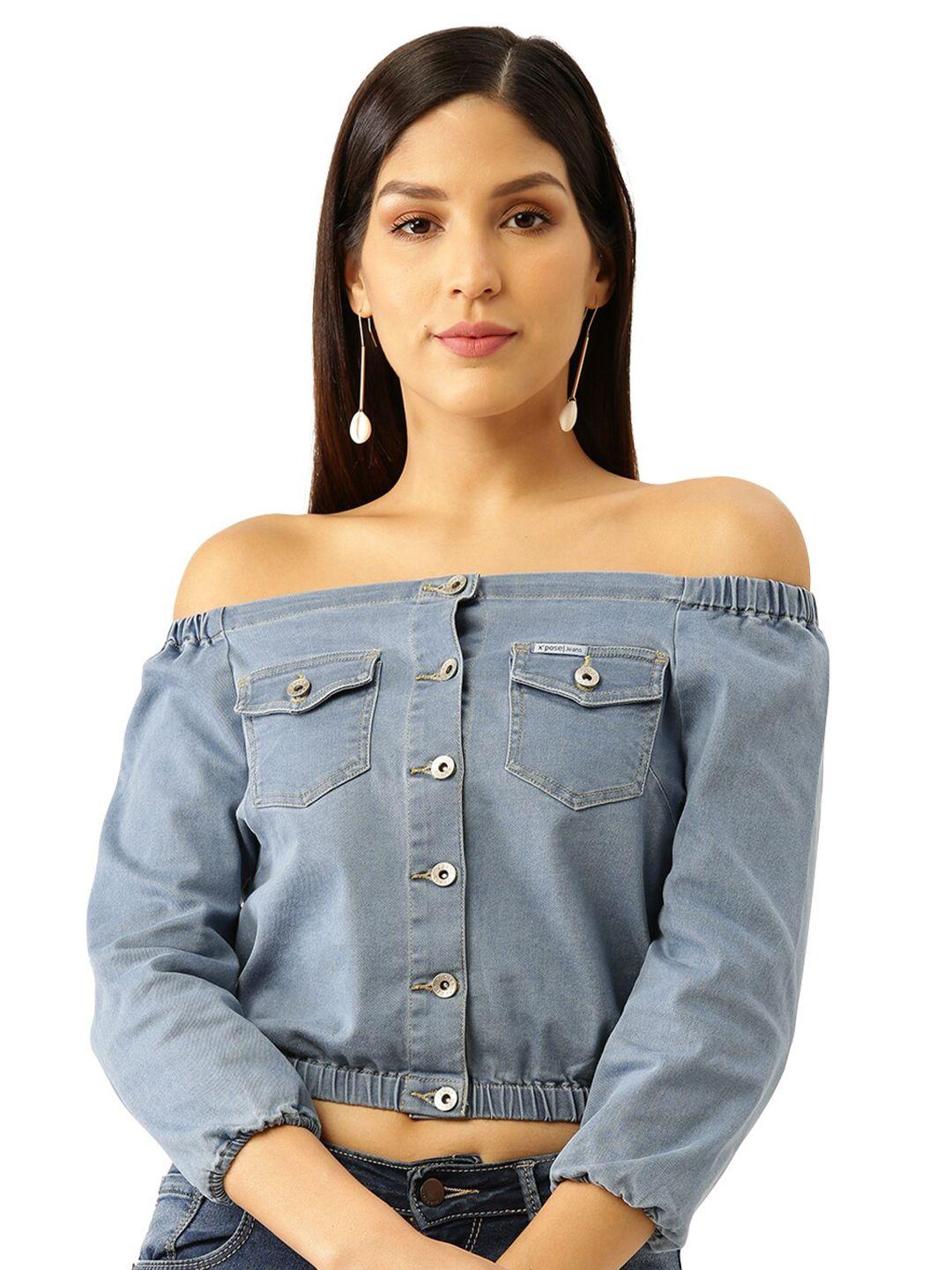 xpose blue off-shoulder pure cotton denim bardot crop top