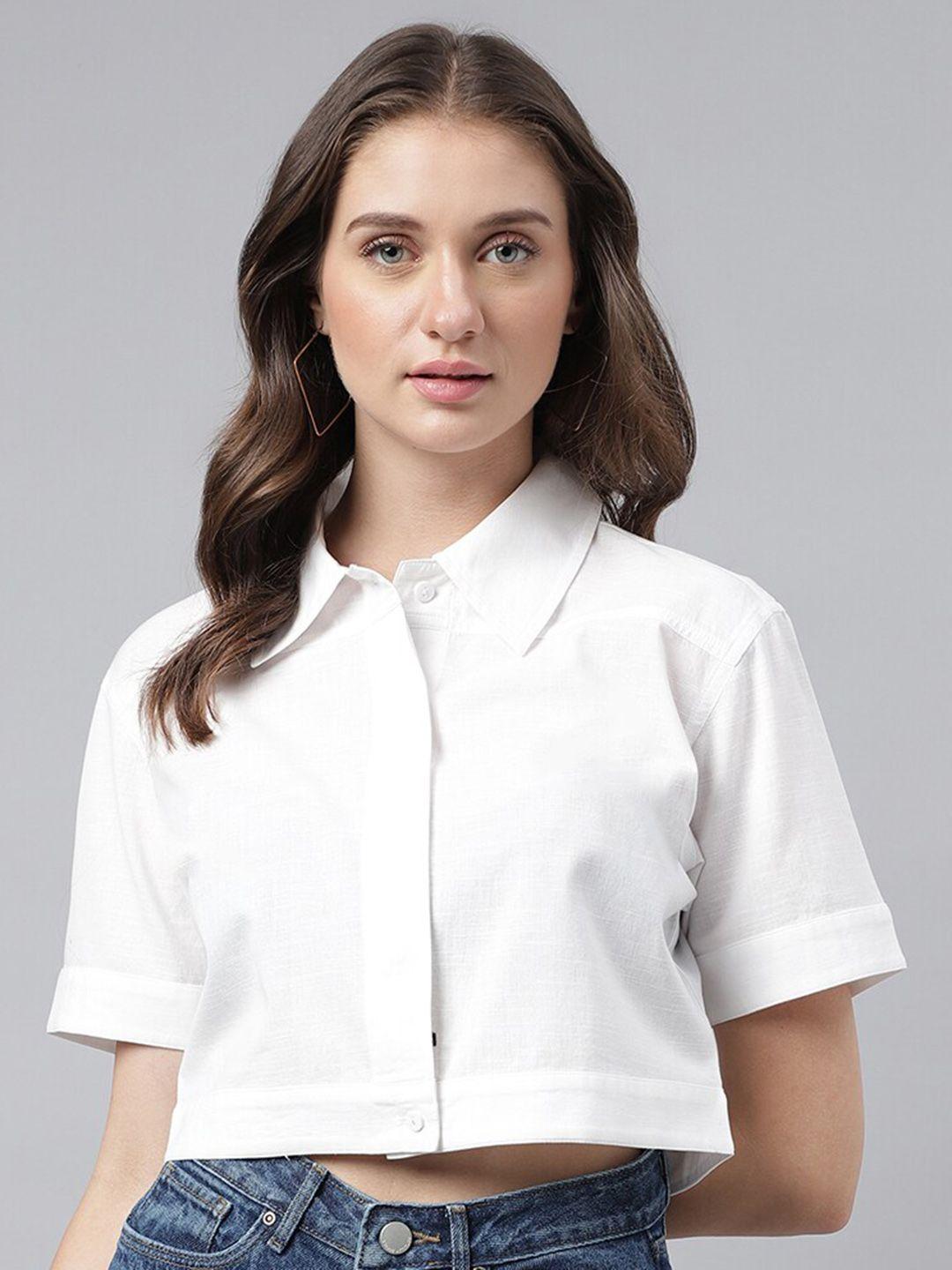 xpose spread collar comfort linen cotton crop shirt