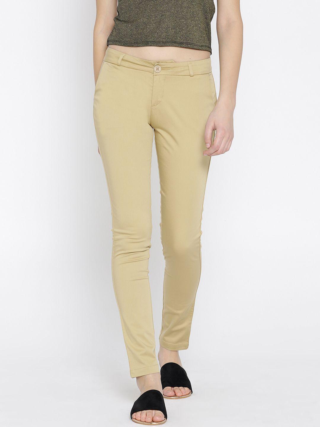 xpose women beige slim fit solid regular trousers