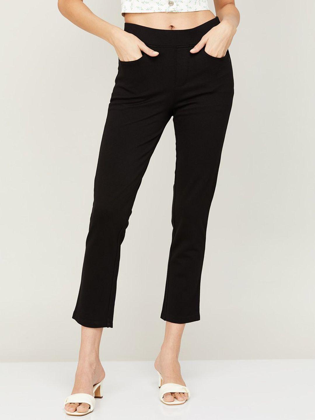xpose women black comfort slim fit high-rise trousers