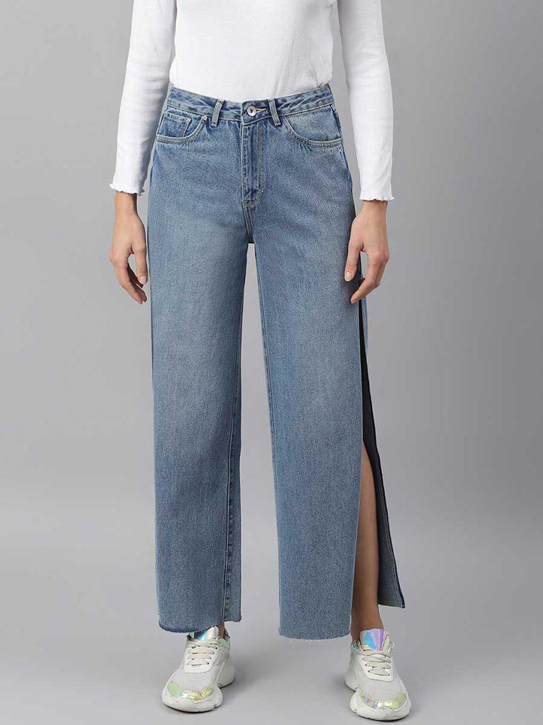xpose women blue comfort wide leg high-rise slash knee jeans