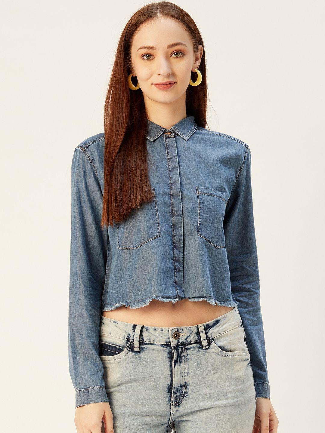 xpose women blue solid boxy denim shirt