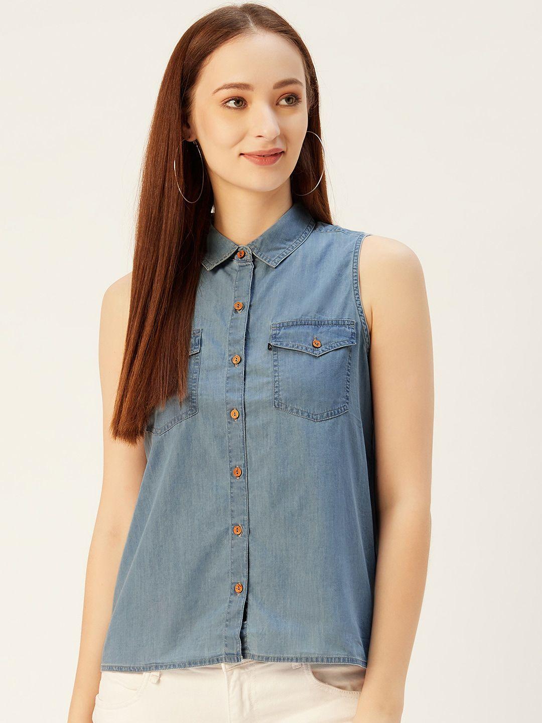 xpose women blue solid regular fit denim shirt
