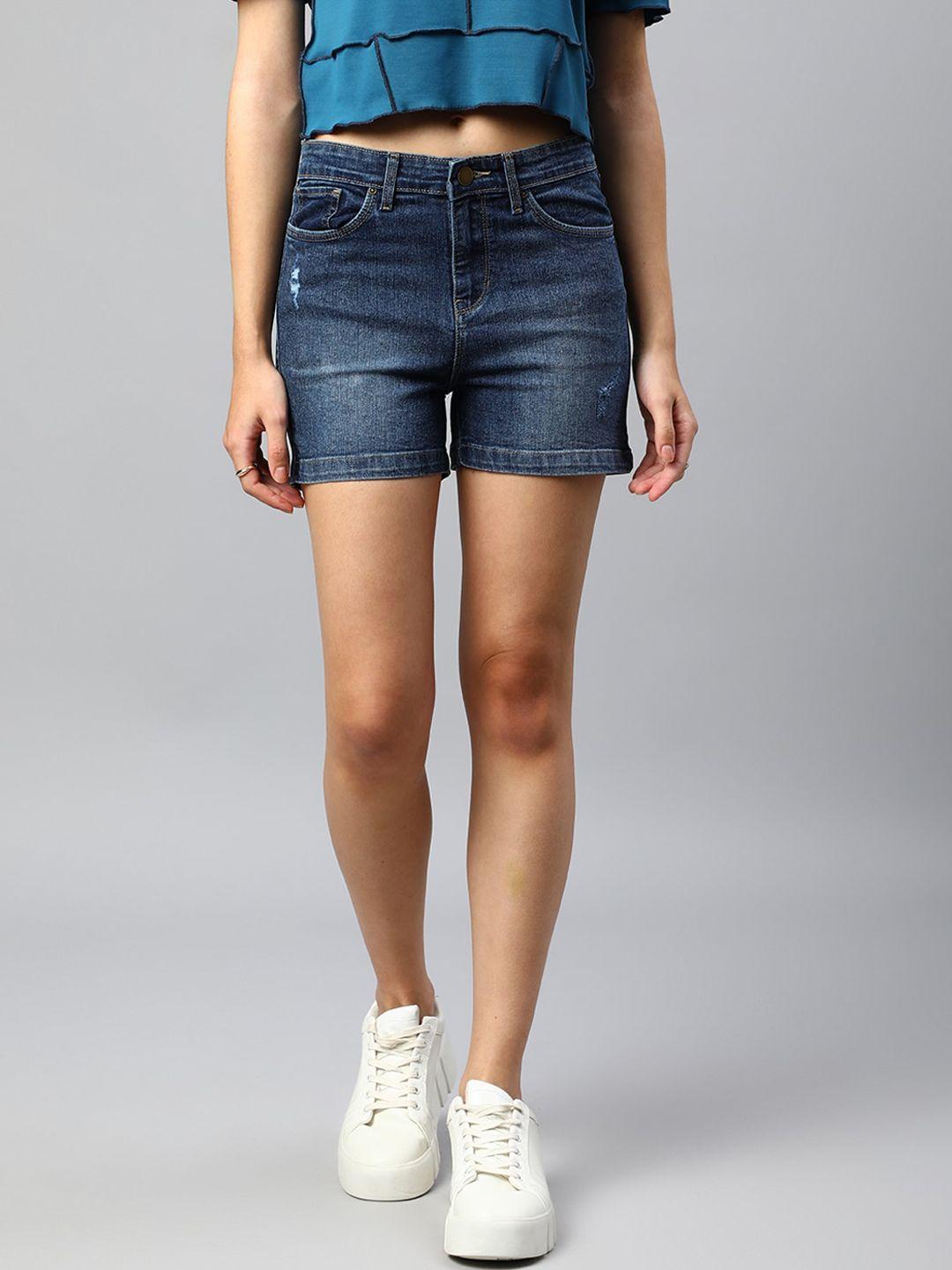xpose women blue washed slim fit high-rise denim shorts