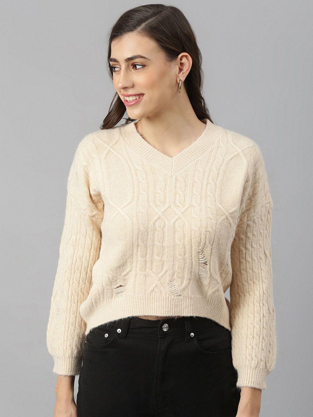 xpose women cream-coloured cable knit crop pullover