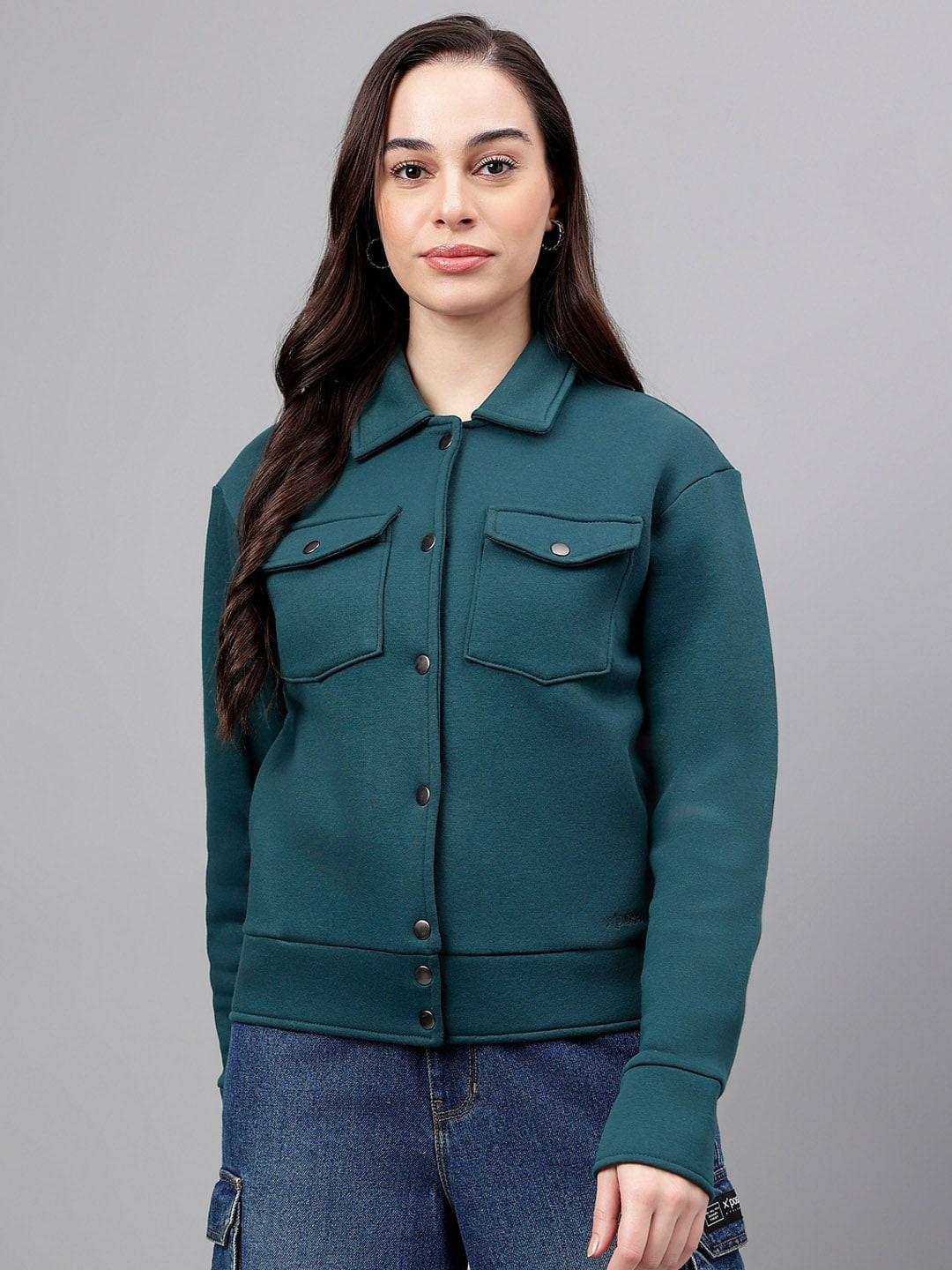 xpose women green fleece open front jacket