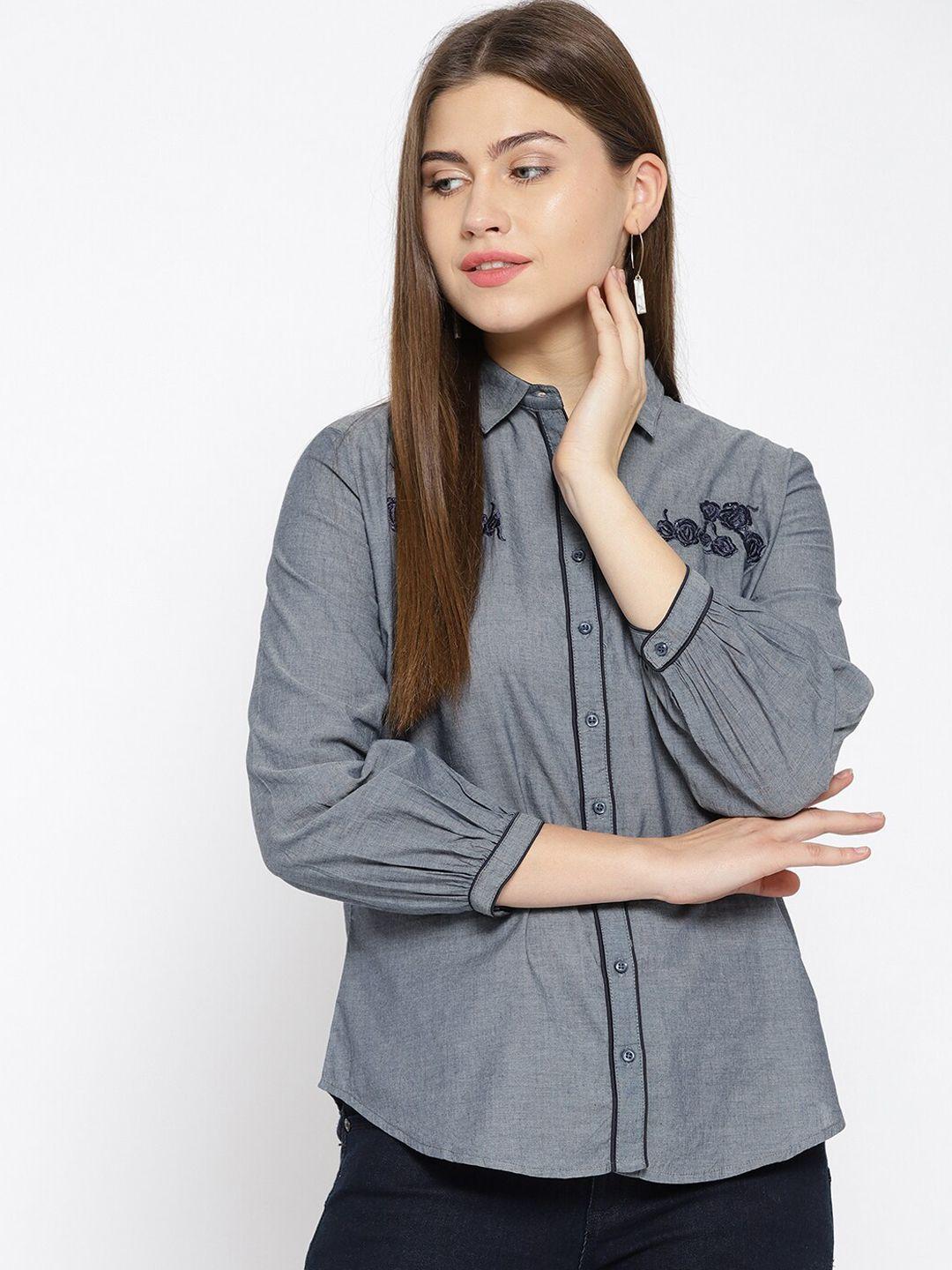 xpose women grey regular fit solid casual shirt