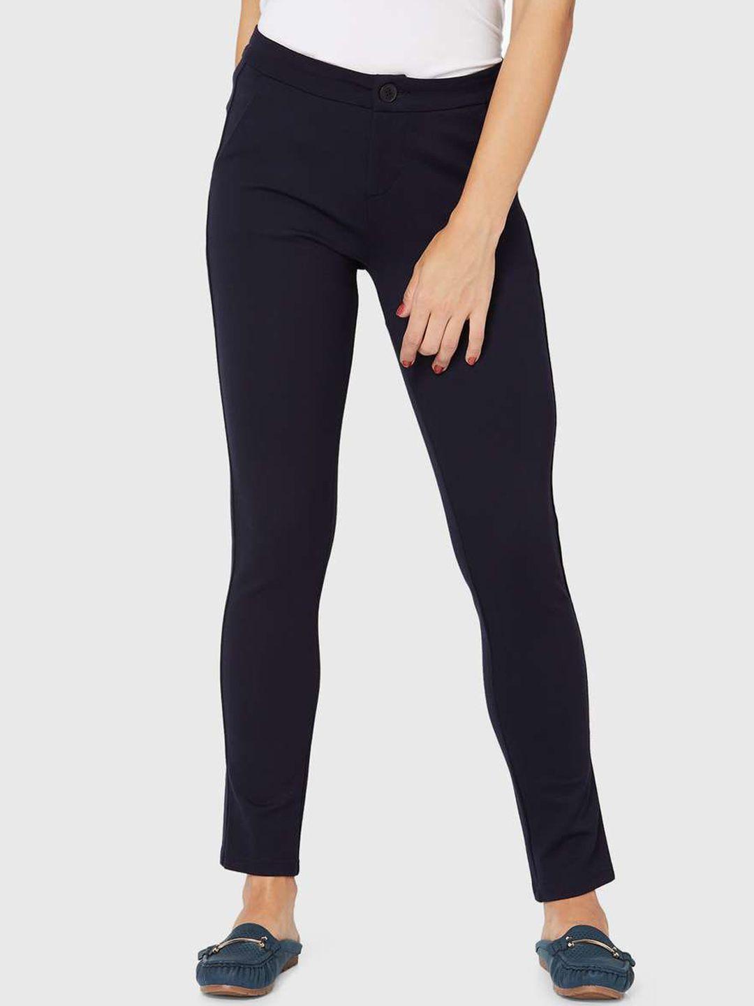 xpose women navy blue comfort slim fit trousers