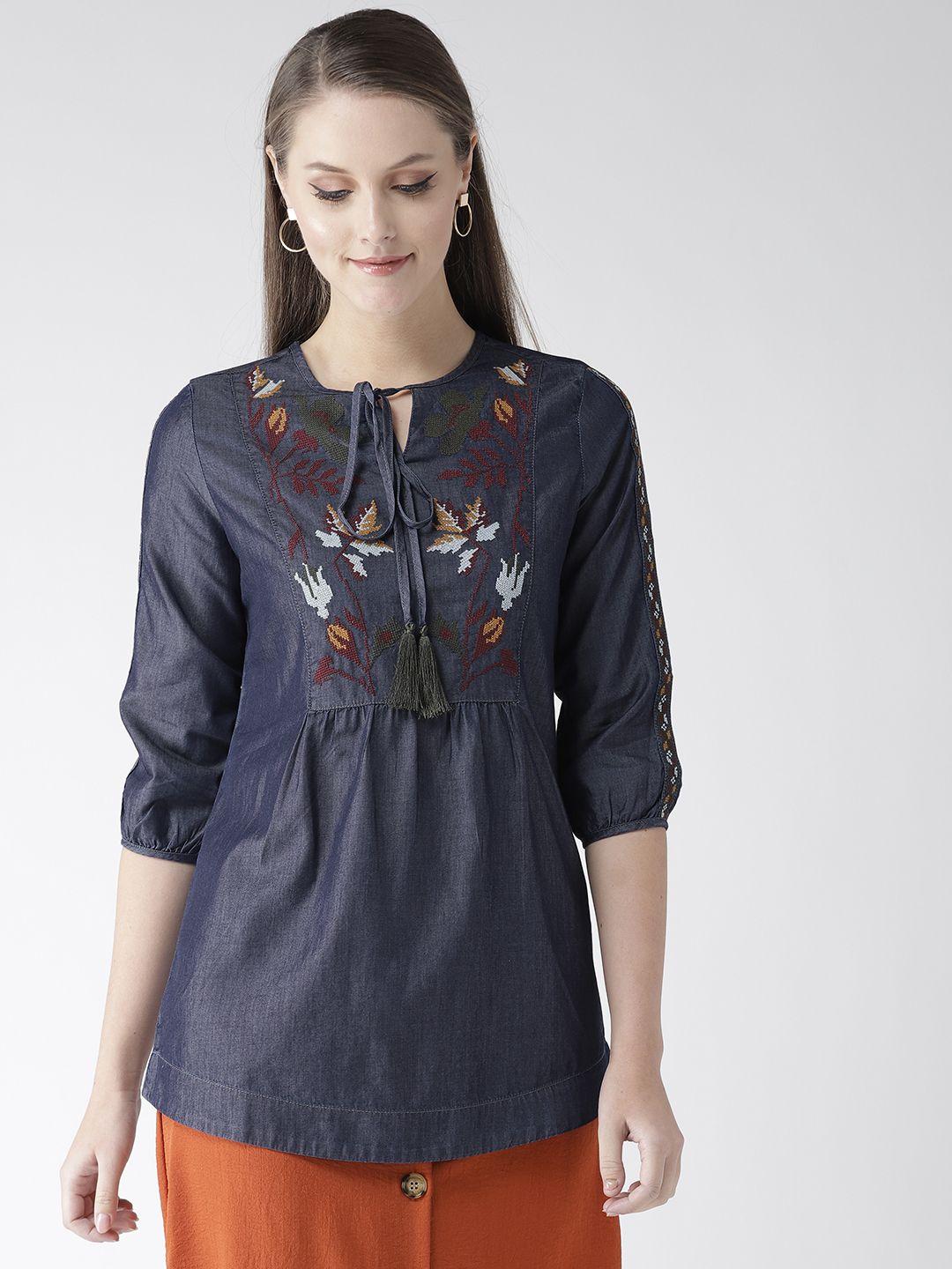 xpose women navy blue embroidered chambray pure cotton top