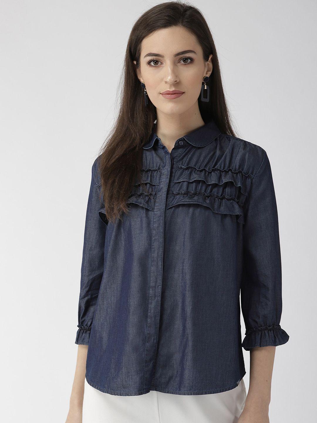 xpose women navy blue regular fit solid casual shirt