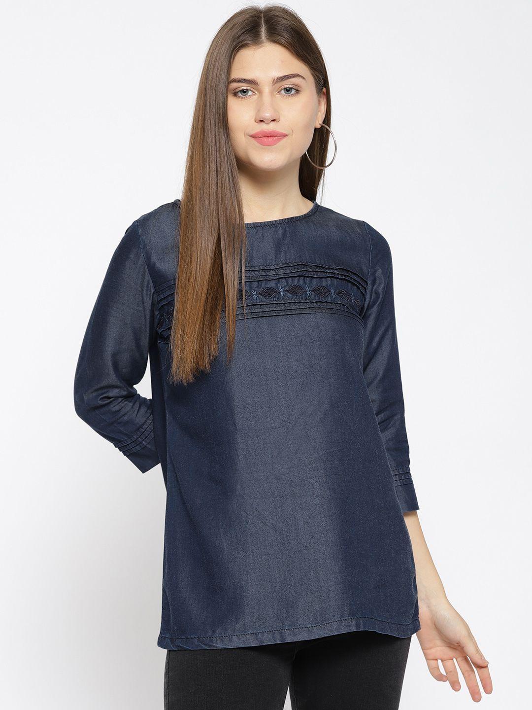 xpose women navy blue solid chambray pure cotton top