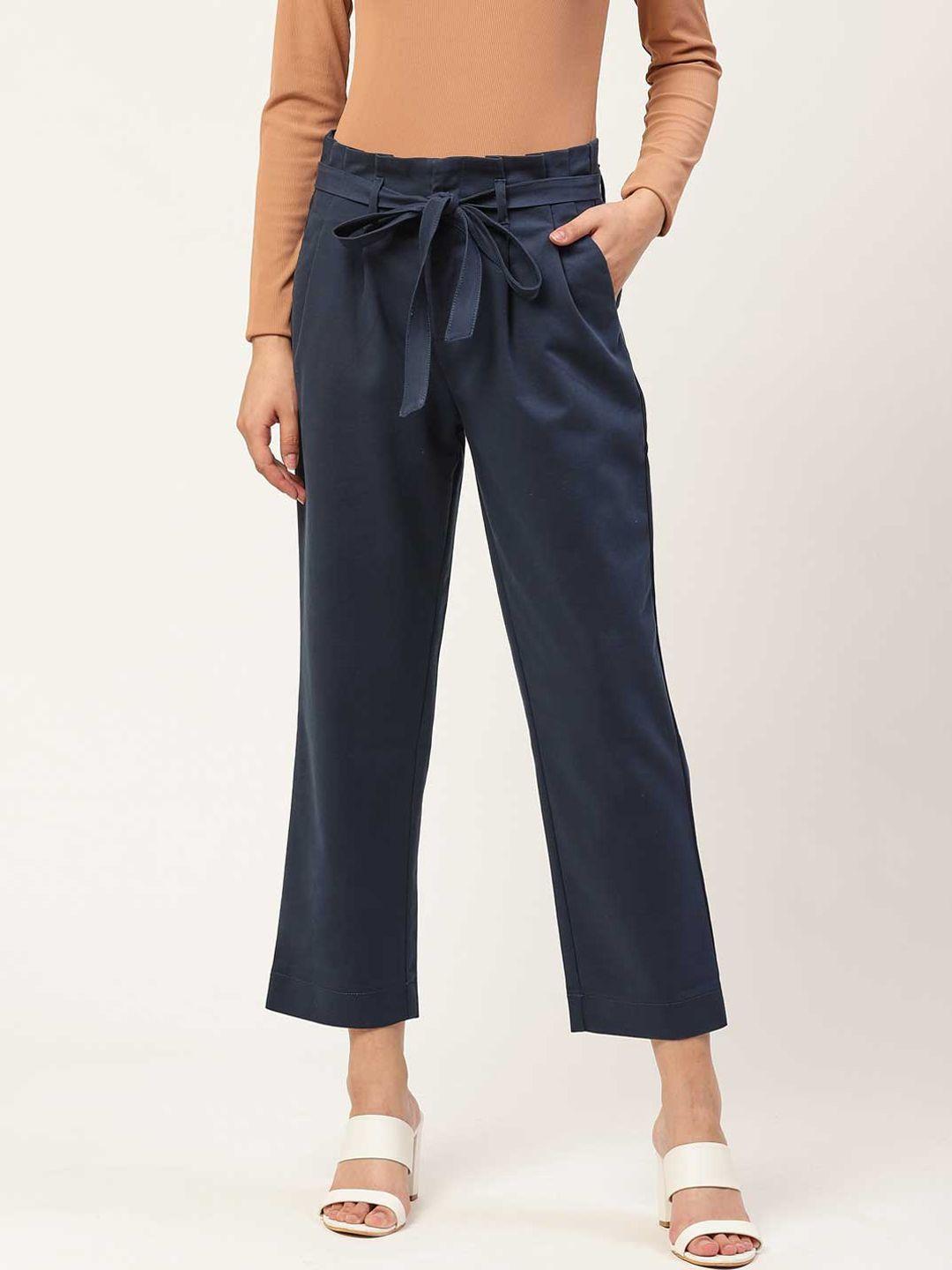 xpose women navy blue solid comfort straight fit high-rise parallel trousers