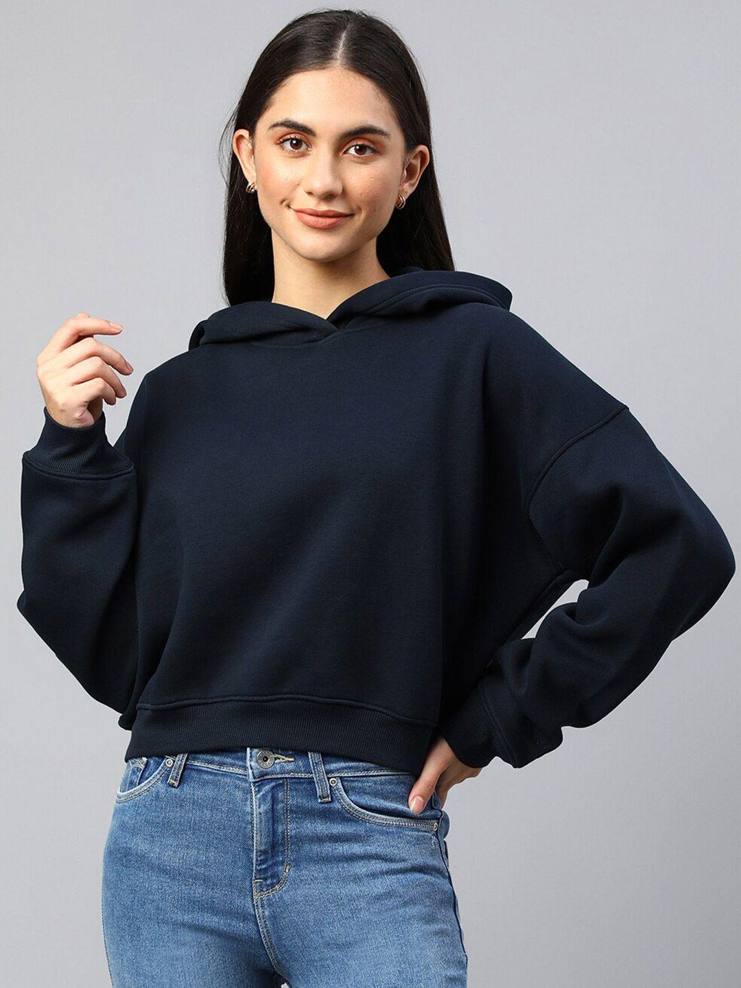 xpose women navy blue solid hooded wool sweatshirt