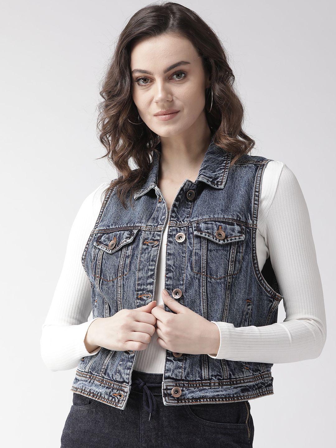 xpose women navy blue solid sleeveless denim jacket