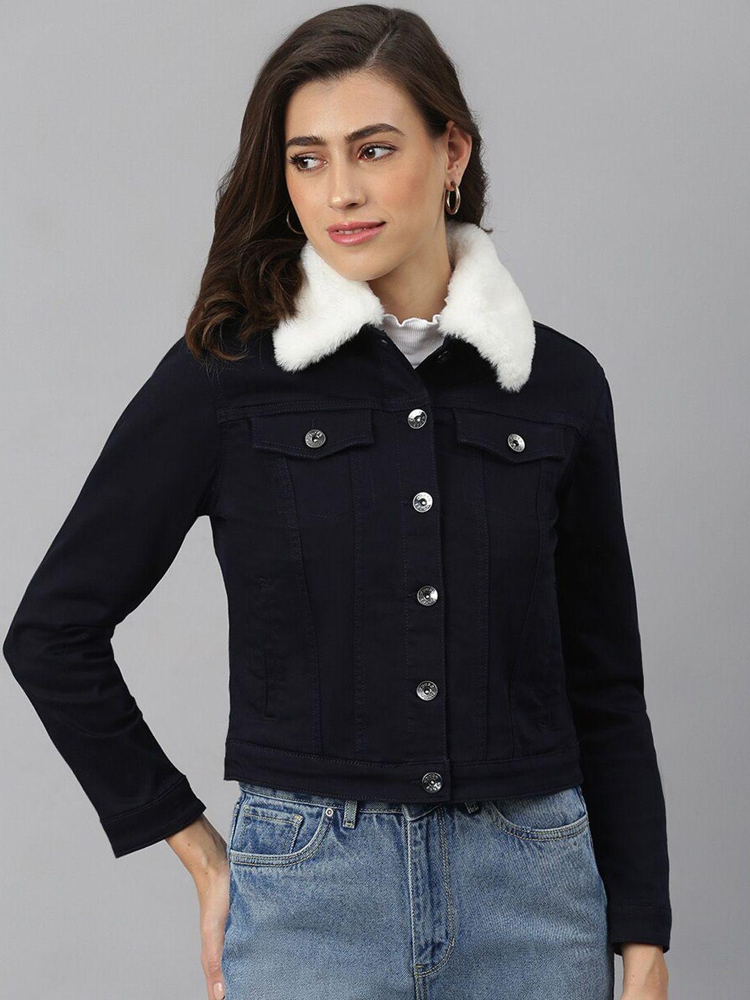 xpose women navy blue washed denim jacket