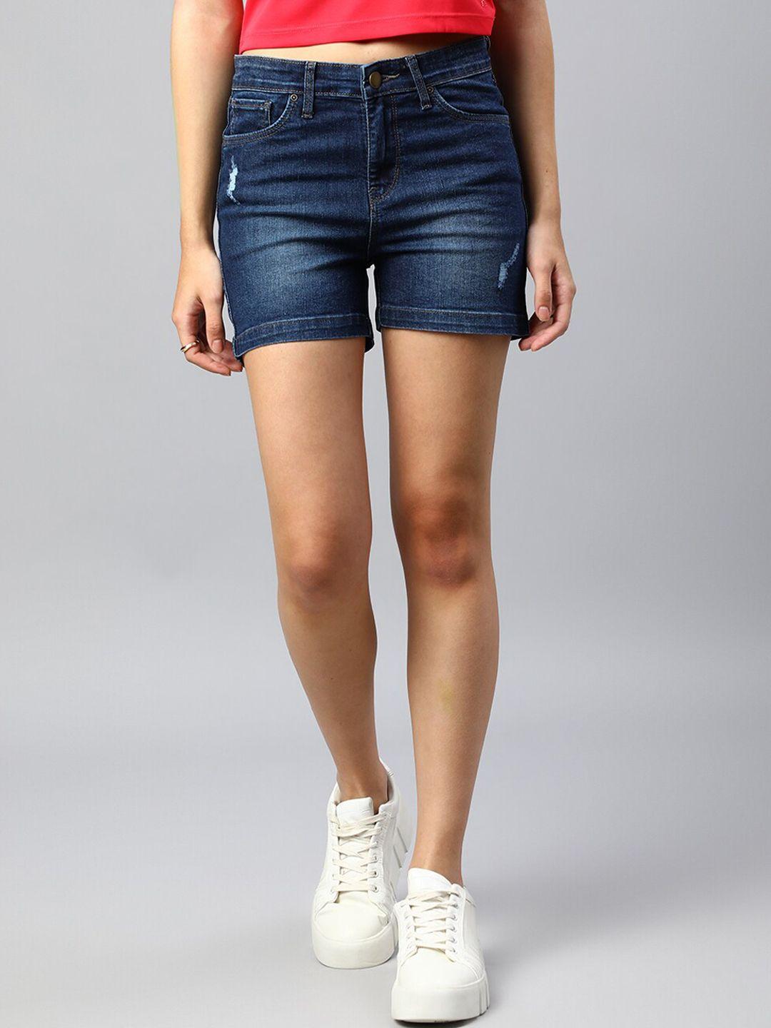 xpose women navy blue washed slim fit denim shorts