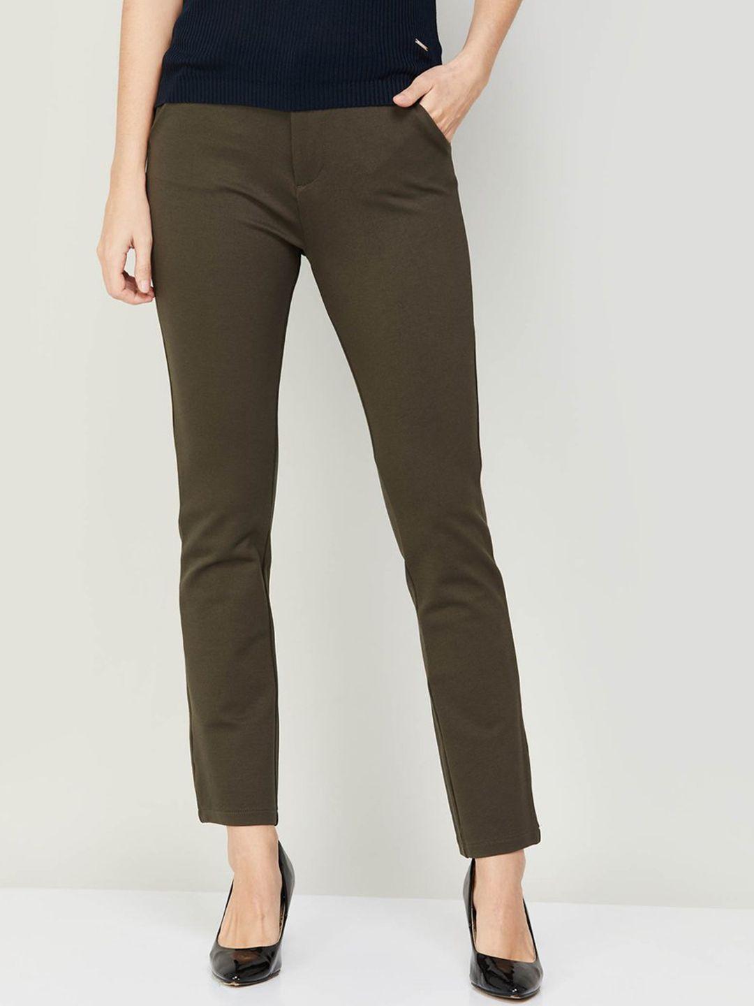 xpose women olive green comfort straight fit high-rise trousers