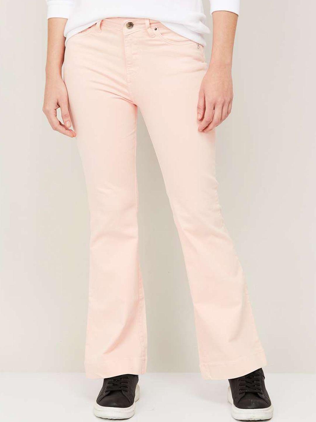 xpose women peach-coloured flared high-rise stretchable jeans