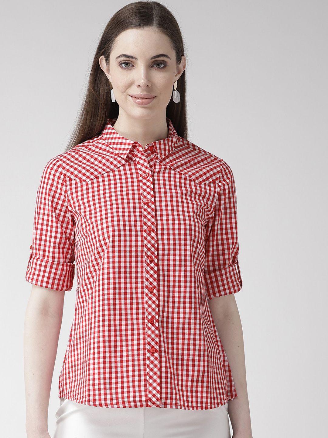 xpose women red & white checked cotton casual shirt