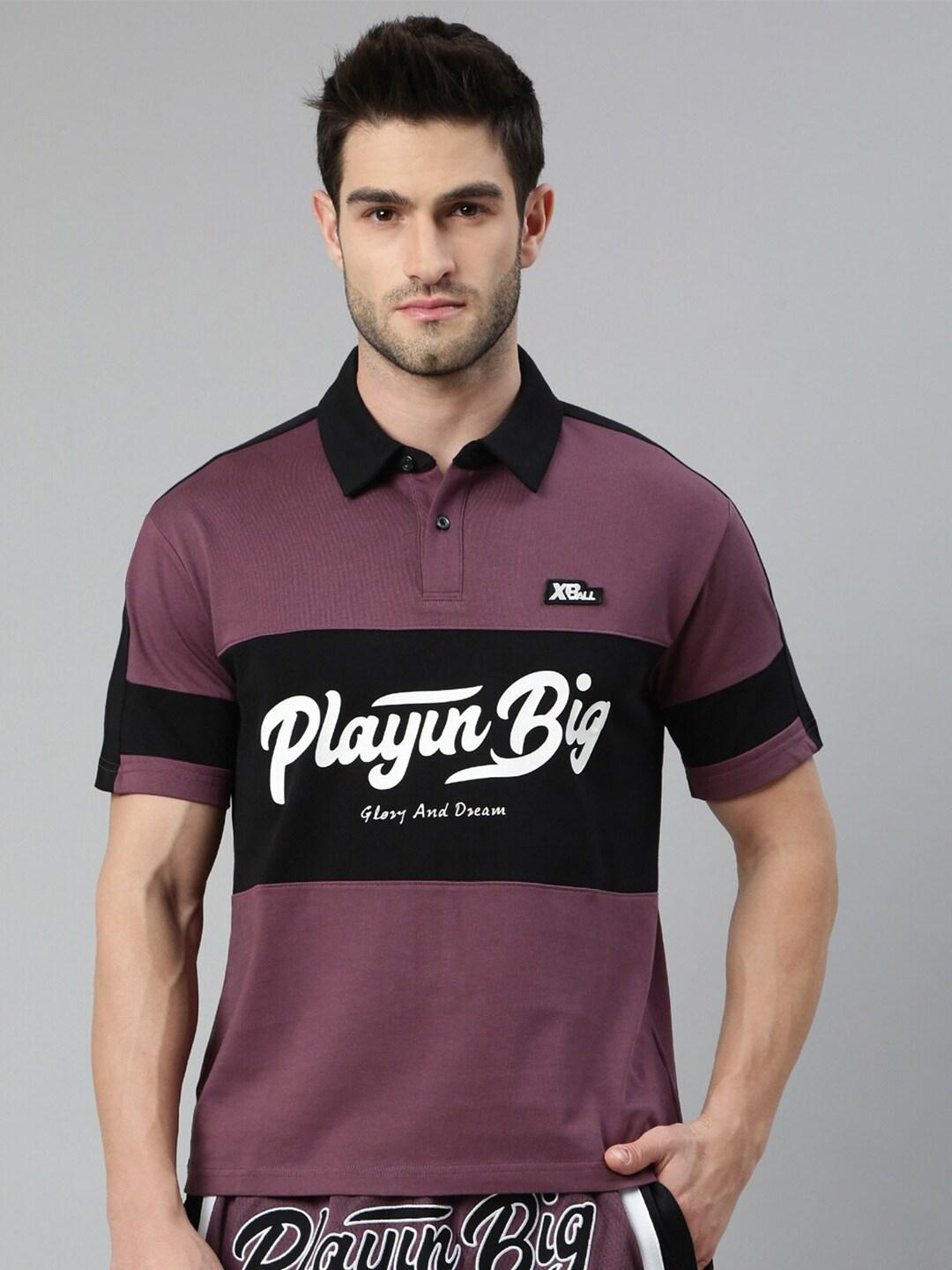 xtep men violet & pink colourblocked polo collar slim fit t-shirt