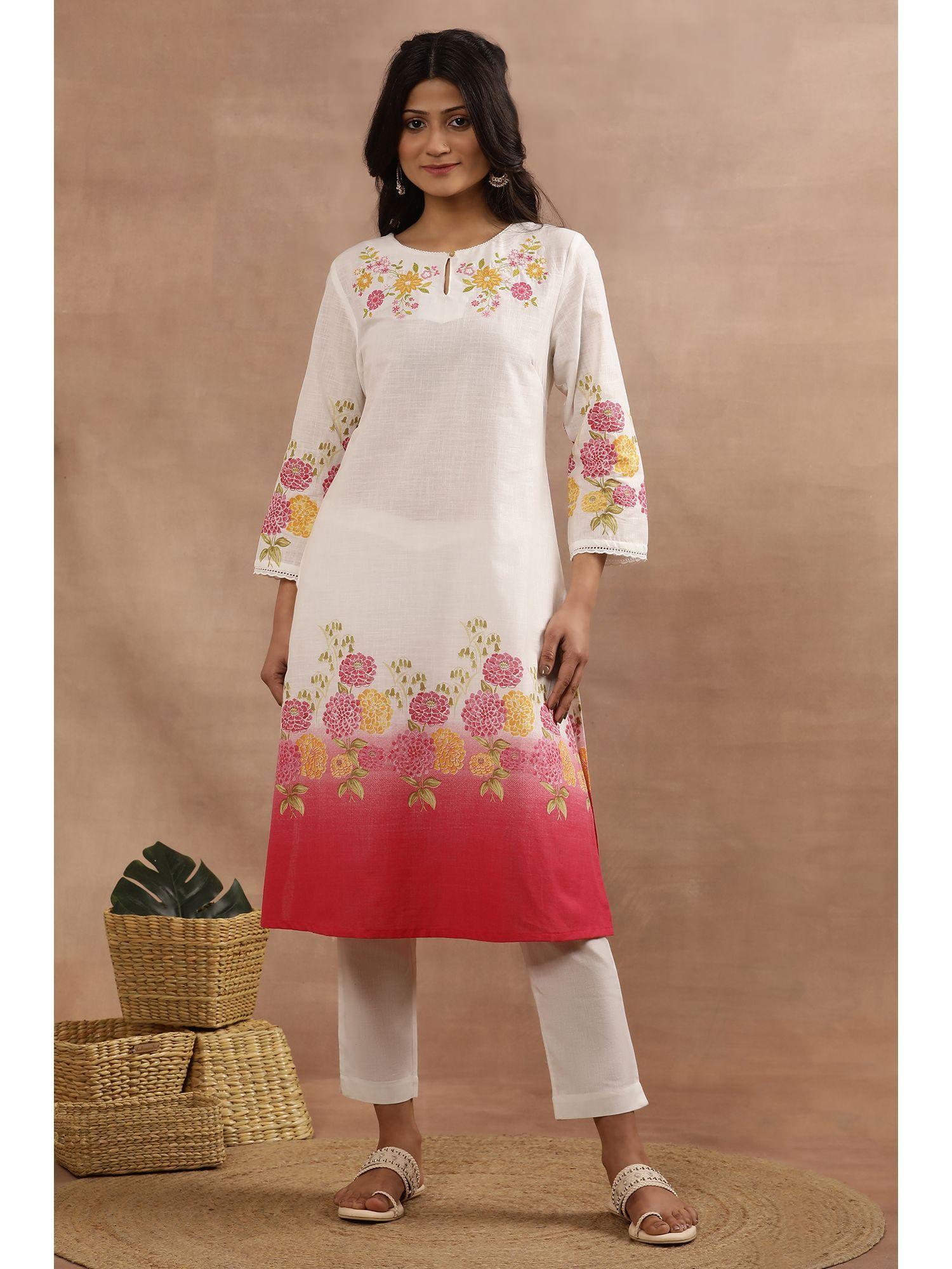 xxxwomen white floral print cotton a-line kurta