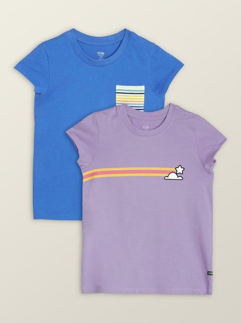 xy life kids purple & blue cotton printed t-shirt (pack of 2)