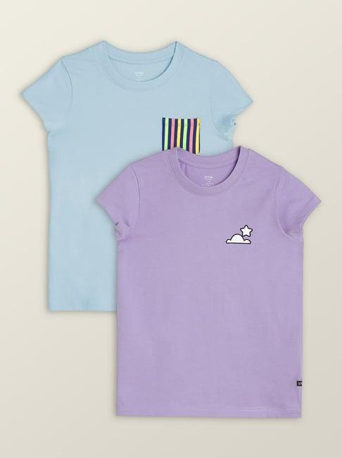 xy life kids purple & sky blue cotton printed t-shirt (pack of 2)