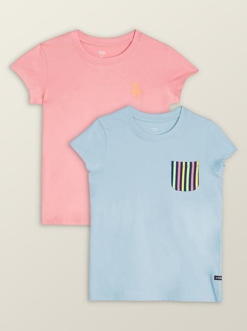 xy life kids sky blue & peach cotton printed t-shirt (pack of 2)