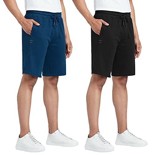 xyxx athleisure men's cotton shorts | super soft, knee length comfortable everyday wear | relaxed fit solid code shorts with zipper pocket | pack of 2 (black + blue, small)