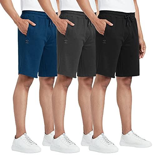 xyxx athleisure men's cotton shorts | super soft, knee length comfortable everyday wear | relaxed fit solid code shorts with zipper pocket | pack of 3 (black + grey + blue, small)