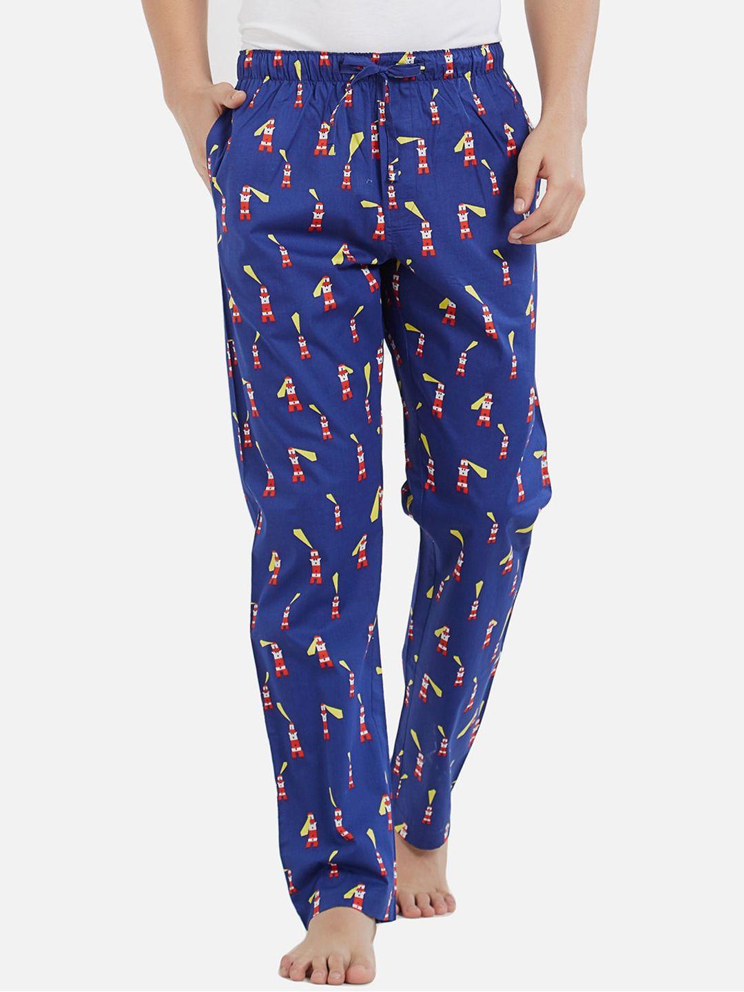 xyxx men blue & red printed combed cotton lounge pants