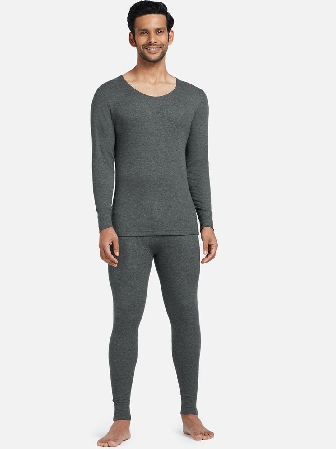 xyxx men grey solid cotton thermal set