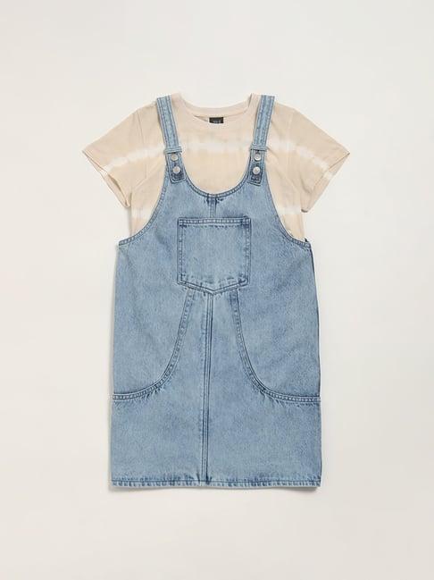 y&f kids by westside denim blue straight pinafore dress with t-shirt