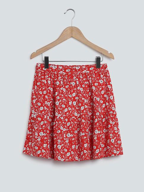 y&f kids by westside red floral-printed tiered skirt