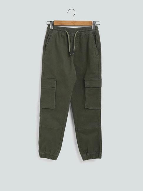 y&f kids by westside solid olive green elasticated joggers