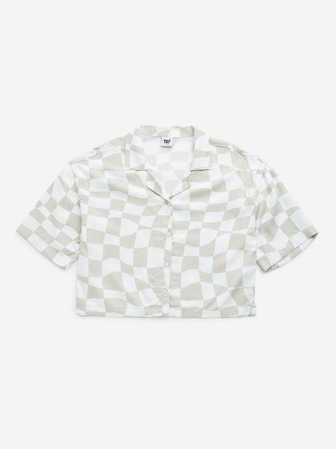 y&f kids by westside beige checkered print cotton cropped shirt