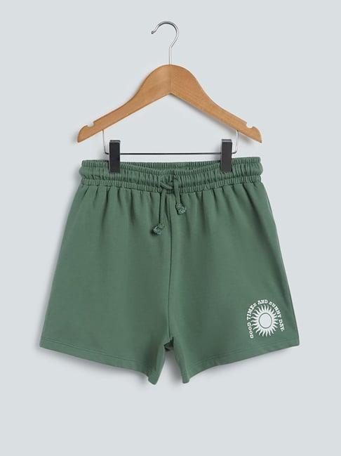 y&f kids by westside green text printed denim shorts