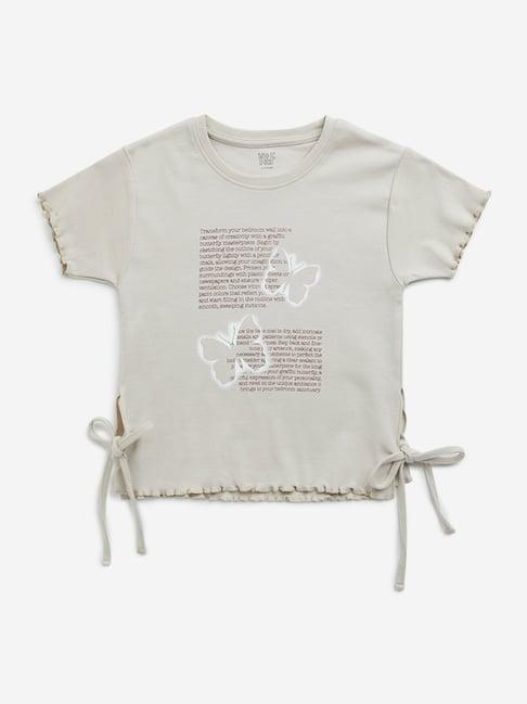 y&f kids by westside light beige typographic print cotton t-shirt