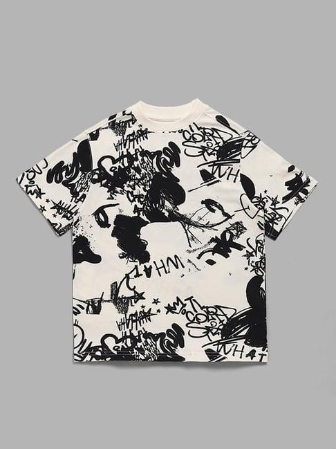 y&f kids by westside off white & black abstract printed t-shirt