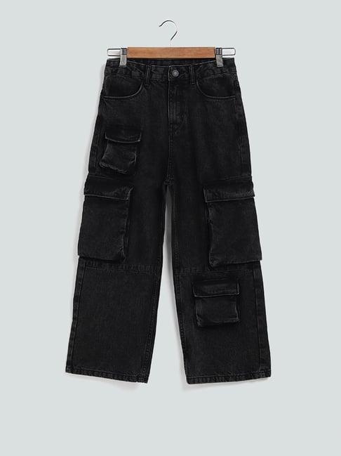 y&f kids by westside solid black denim cargo