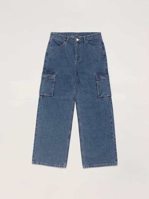 y&f kids by westside solid blue cargo denim jeans