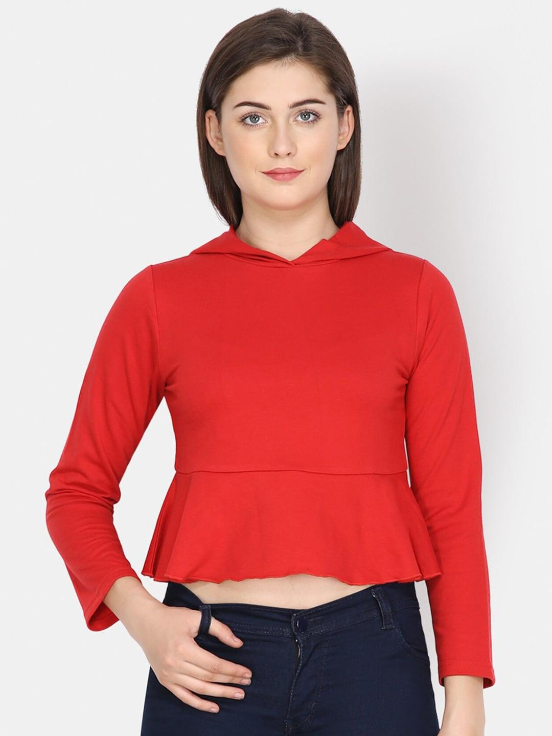 yaadleen women red solid hooded sweatshirt