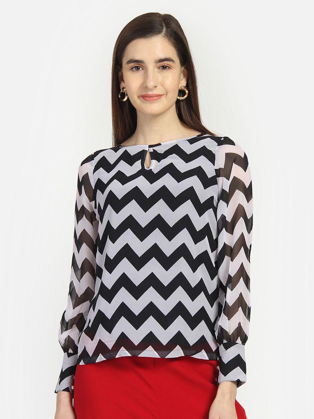 yaadleen black geometric keyhole neck georgette regular top